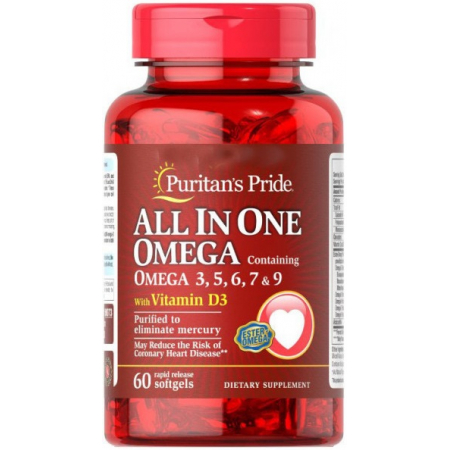 Омега Puritan's Pride - All In One Omega 3,5,6,7 & 9 with Vitamin D3 (60 капсул)